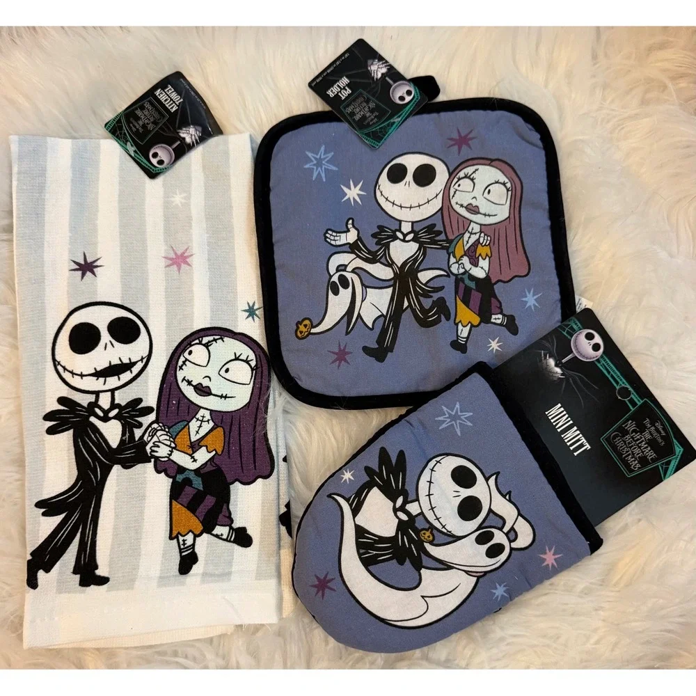 Disney Nightmare Before Christmas Jack Sally Kitchen Towel Pot Holder Mitt Set